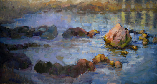 "On the Rocks" 15x30 Framed original oil painting by Artist Kristina Sellers