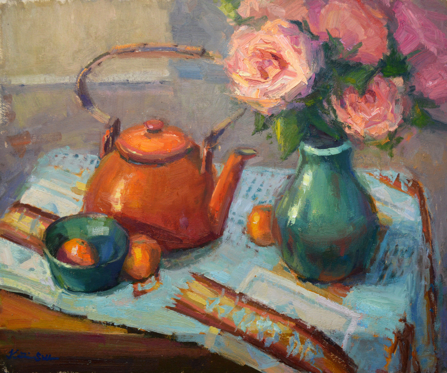 "Kettle and Roses" 16x20 Original Oil Painting by Artist Kristina Sellers