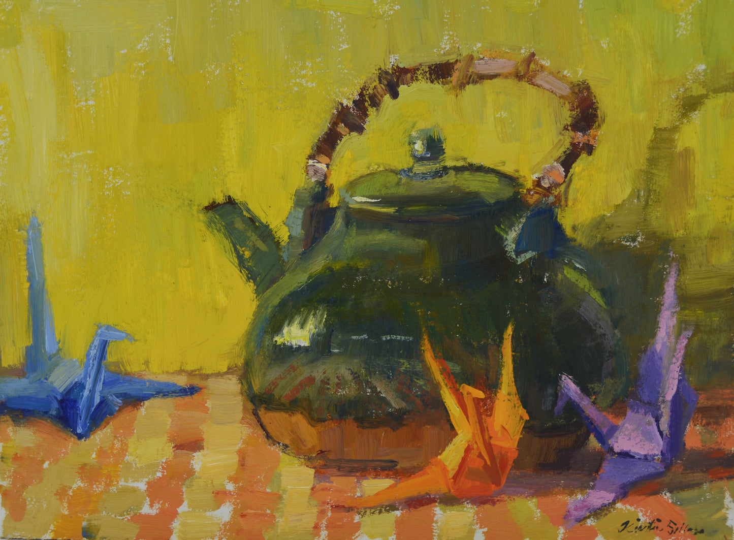"Green Tea and Origami", 9x12 Original Oil Painting by Artist Kristina Sellers