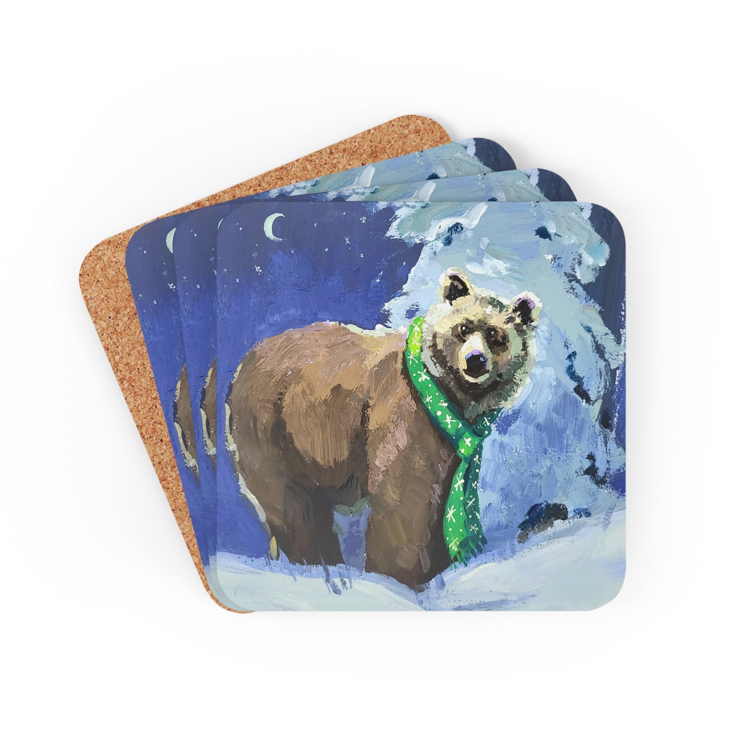 "Chilly Bear" Corkwood Coaster Set