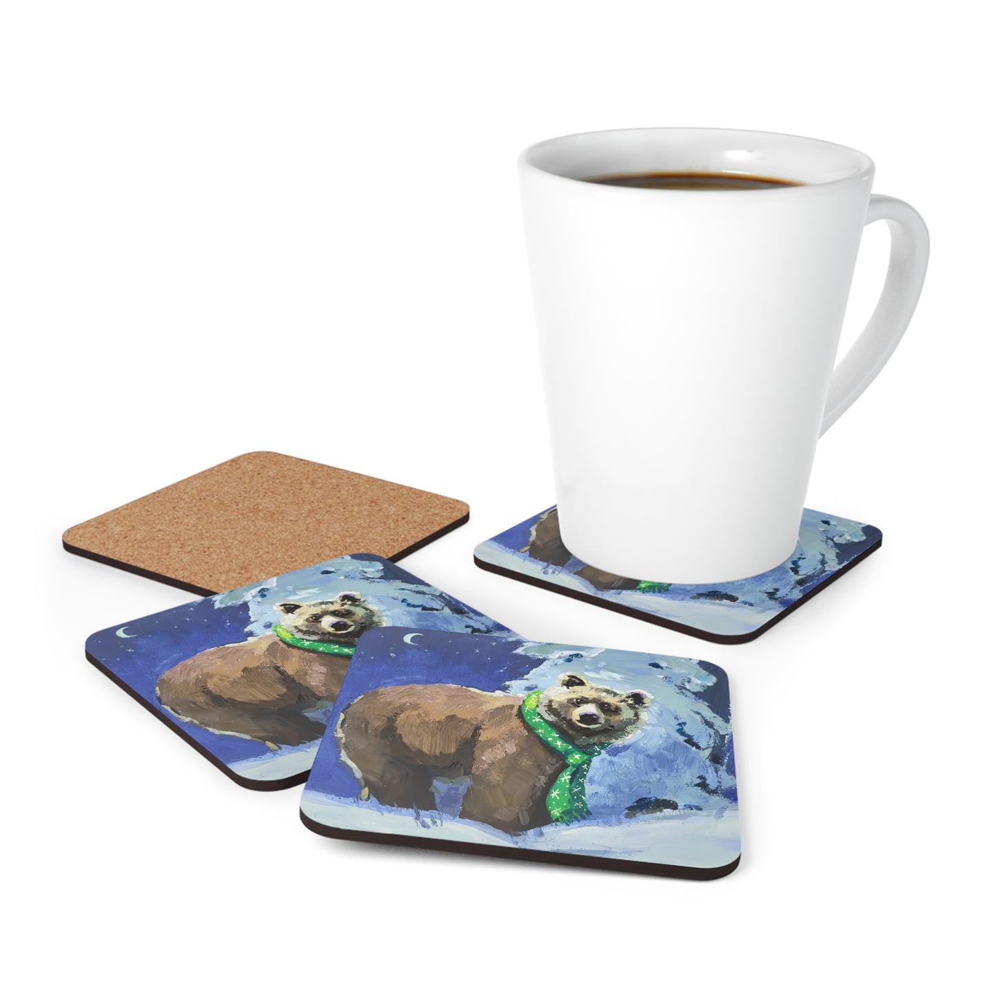 "Chilly Bear" Corkwood Coaster Set