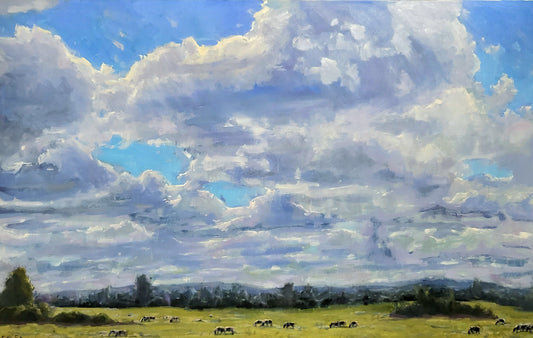 "Cotswold Skies"  30x48 original oil painting in floating frame by Artist Kristina Sellers