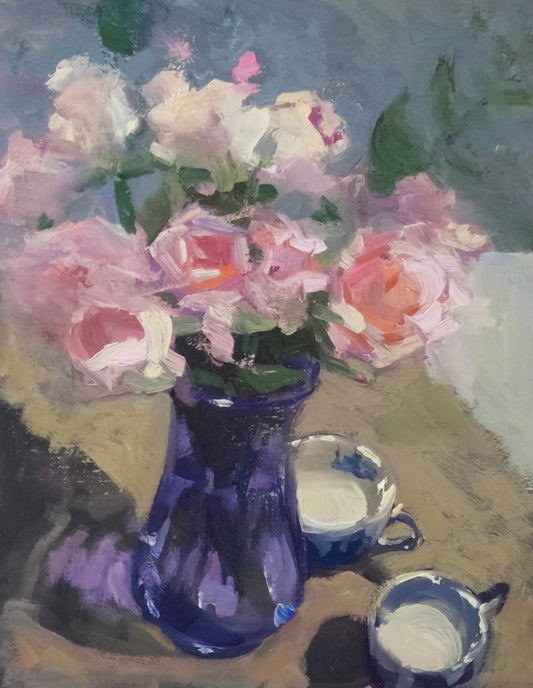"Roses in Morning Light" 14x11 original oil painting by Artist Kristina Sellers