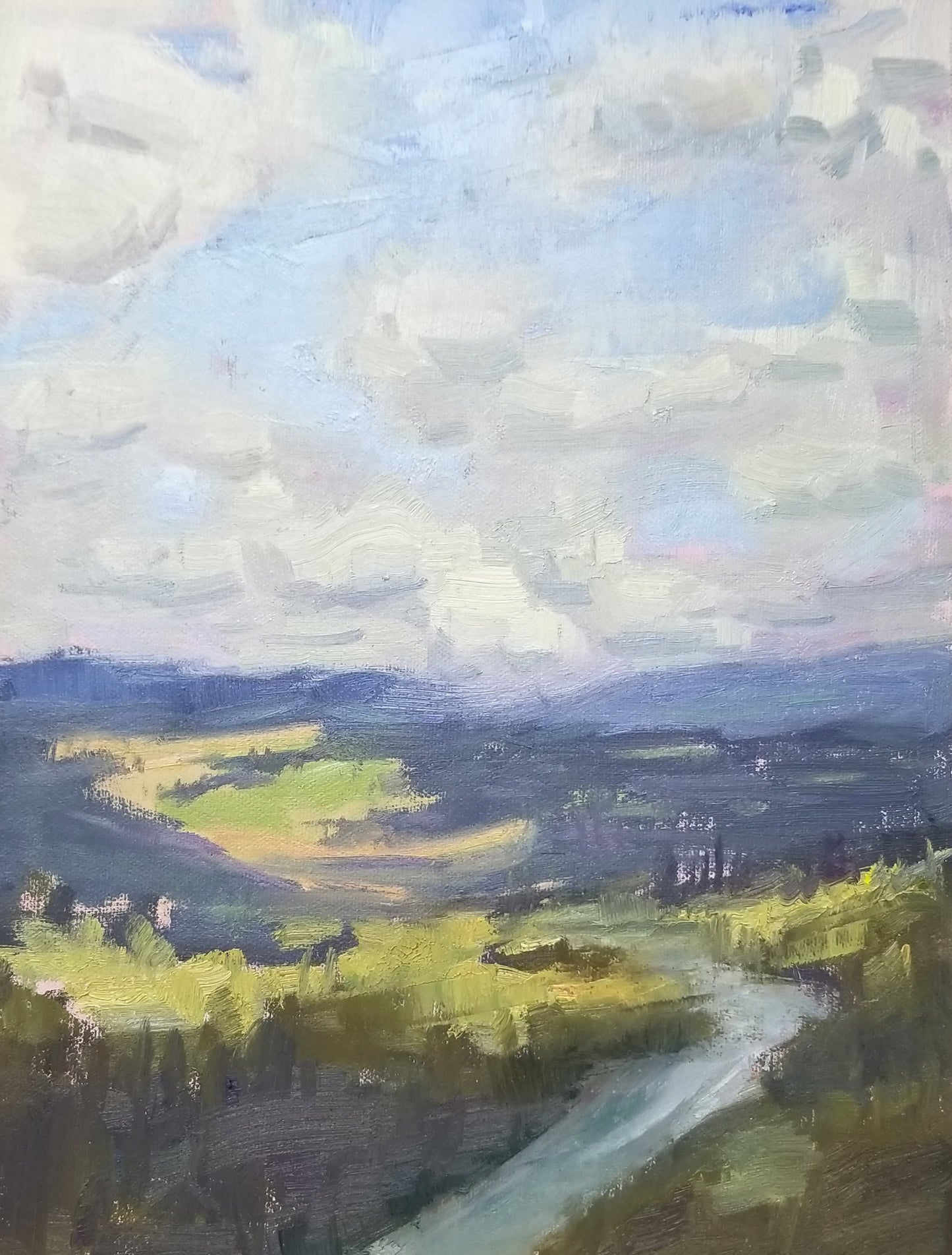"Springwater Vista" impressionist landscape, 12x9 original oil painting by Artist Kristina Sellers
