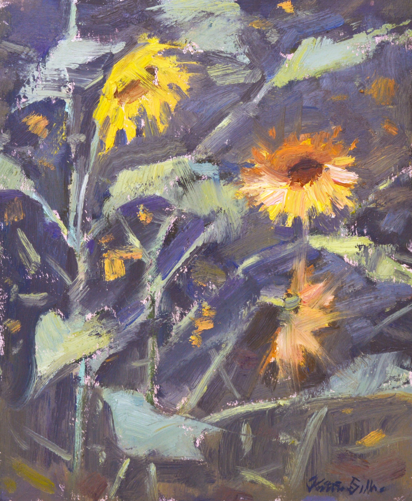 "Smoky Sunflowers" 10x8 framed original oil painting by Artist Kristina Sellers
