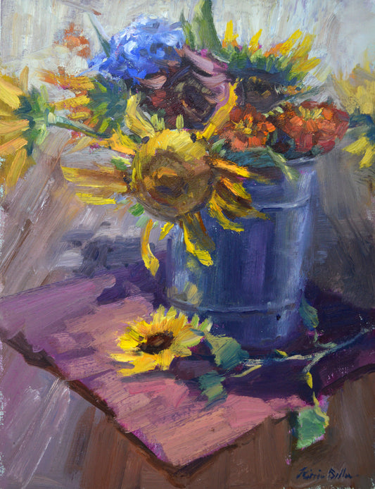 "Bucket of Blooms" 14x11 original oil painting by Artist Kristina Sellers