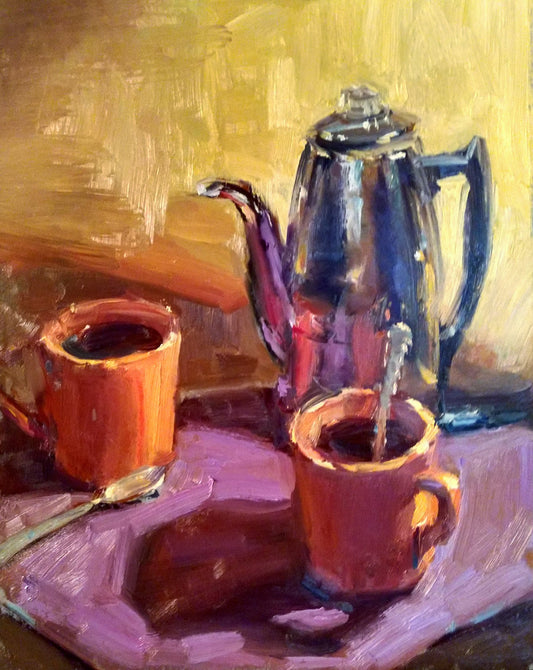 "Coffee & Conversation" 14x11 framed original oil painting by Artist Kristina Sellers
