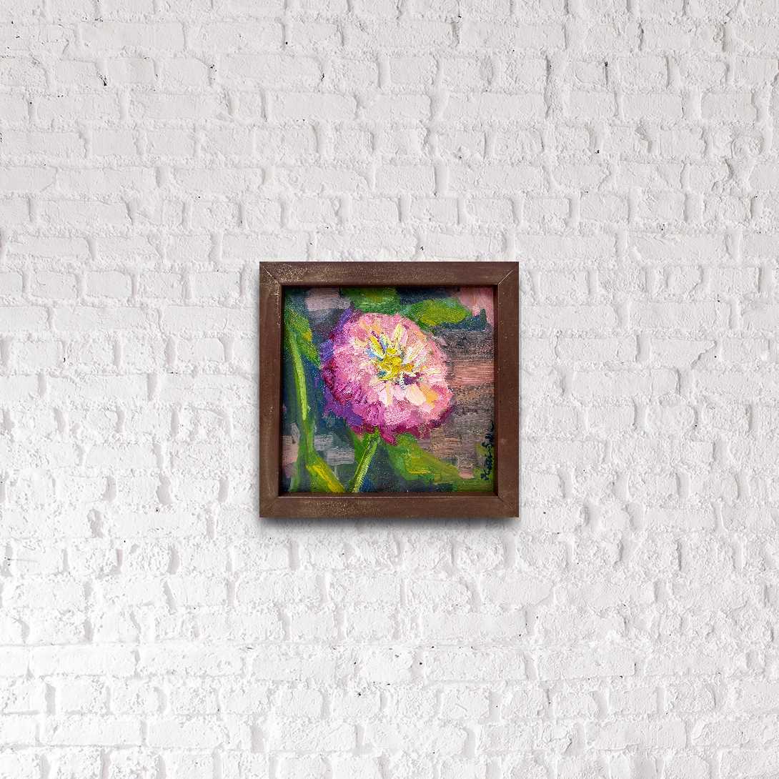 "Pink Zinnia" 6x6 framed Original Oil Painting by Artist Kristina Sellers
