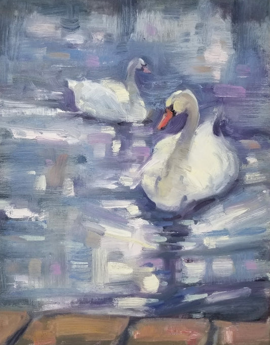 "Swans of Hyde Park" 14x11 original oil painting by Artist Kristina Sellers